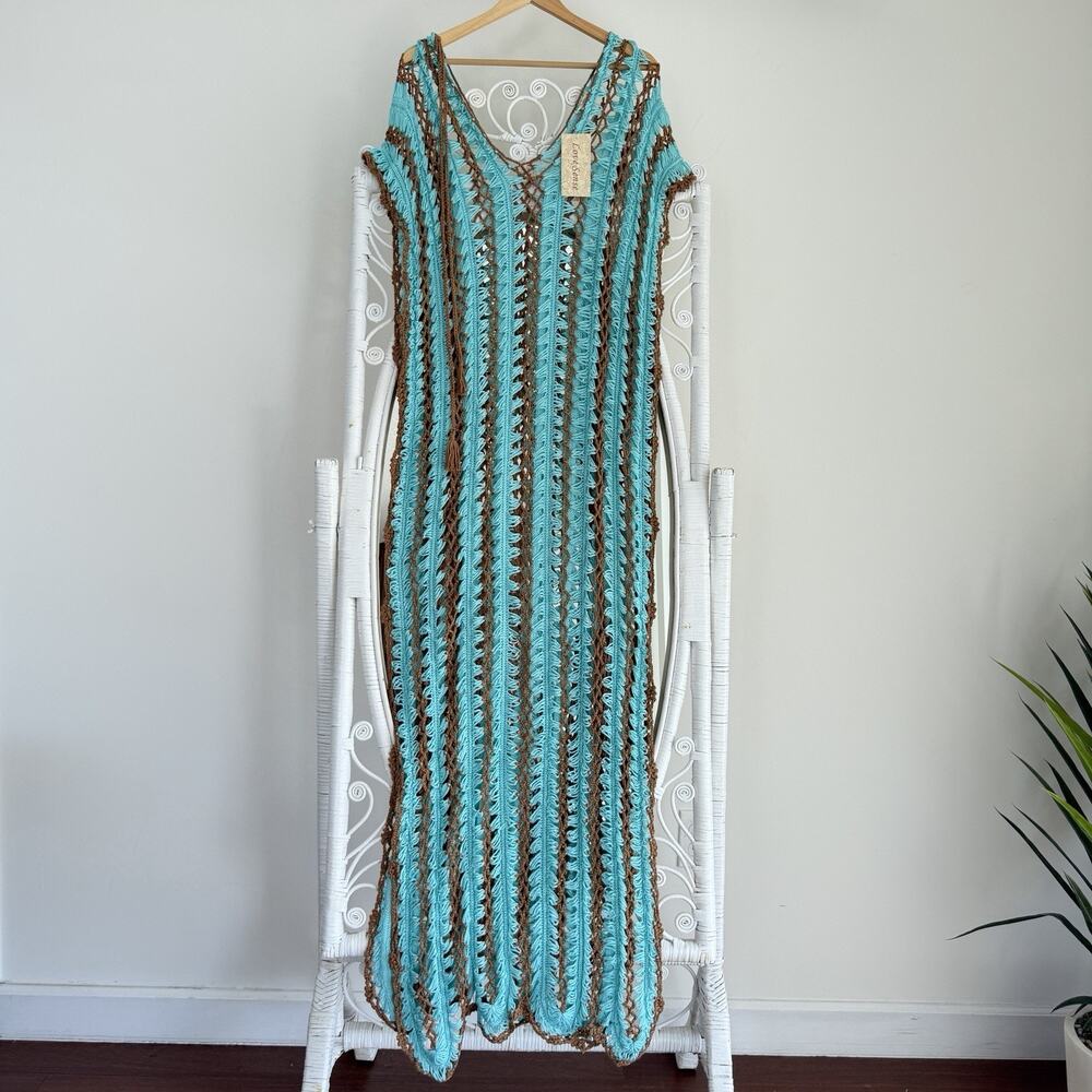Crochet Maxi Cover Up Dress M/L Blue Brown Knit Boho Festival Cowgirl Beach - Picture 8 of 11